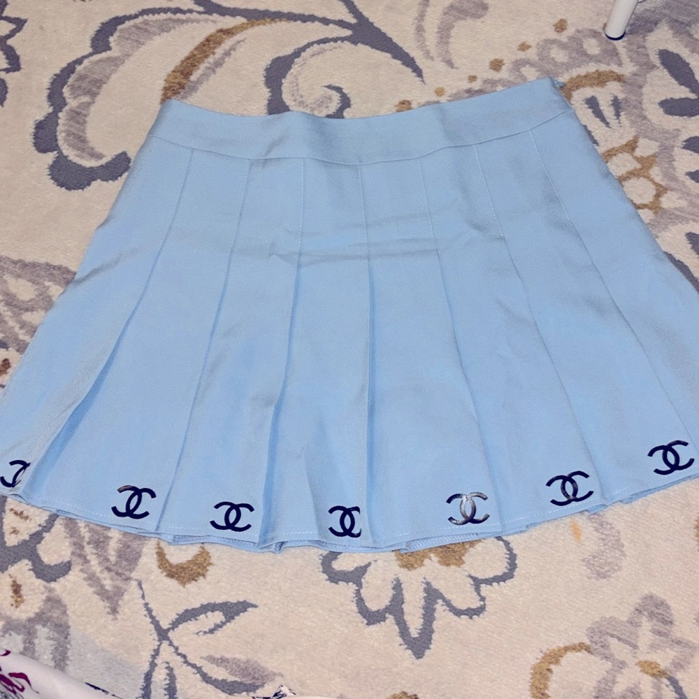 Blue pleaded skirt with black Chanel details (NOT REAL CHANEL)
